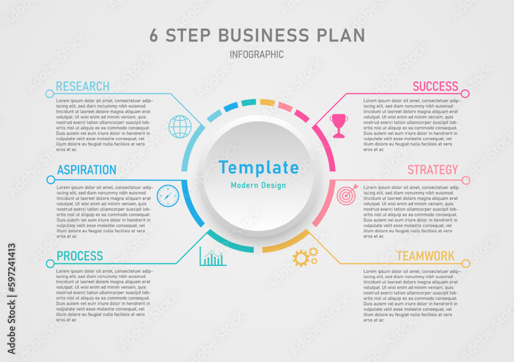 Poster template simple modern infographic 6 steps business plan success circle segmented multi colored icon