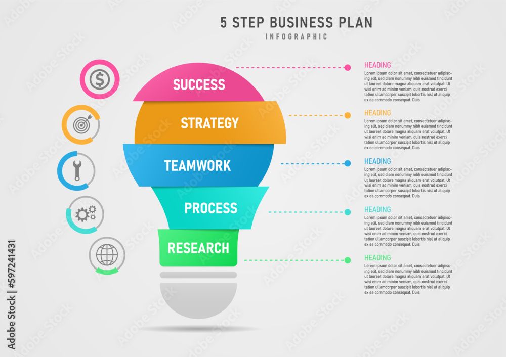 Poster modern template multi color segmented light bulb infographic 5 steps business plan success circle wi