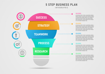 Modern Template Multi Color Segmented Light Bulb Infographic 5 Steps Business Plan Success Circle with Color Bars and Icons in the Center Dotted Line clean gray gradient background