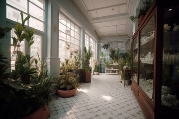 Fototapeta premium Generative AI concept of Retro luxury store of plants with colored door and glass window decorated in pink tone