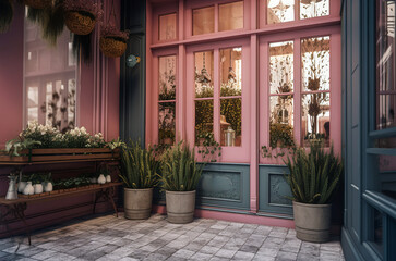 Fototapeta na wymiar Generative AI concept of Retro luxury store of plants with colored door and glass window decorated in pink tone