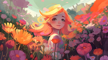 Obraz na płótnie Canvas Floral Bliss: A Generative AI Artistic Painting of a Happy Girl Frolicking in a Field of Blooming Flowers