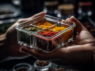 A close-up of a clear container filled with colorful spices, such as paprika, cumin, and turmeric