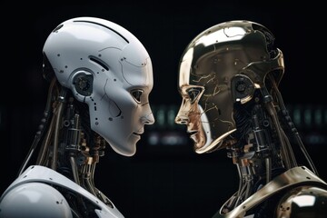 Zwei Roboter, K&ouml;pfe, wei&szlig; und Gold