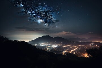 Obraz na płótnie Canvas A Generative Skyline of Illuminated Mountain Peaks: Capturing the Natural Beauty of Light Pollution at Night: Generative AI