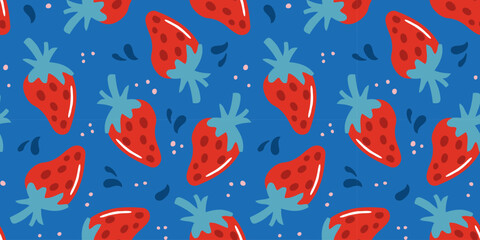 Fototapeta na wymiar Strawberry vector seamless pattern. Cute blue doodle background with hand drawn berry for wallpaper, textile, wrapping paper print design.