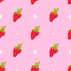 Strawberry vector seamless pattern on pink background. Cute doodle design with hand drawn berry for wallpaper, textile, wrapping paper print