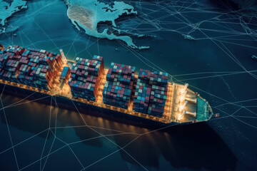 An aerial view of a container ship is enhanced by a world map digital network, symbolizing the global reach of business companies' supply chain logistics. Freight shipping, import-export, and containe