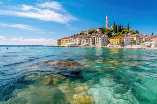 Experience Adriatic Summer in Istria: Classic Panoramic View of Rovinj Old Town, Croatia. Generative AI