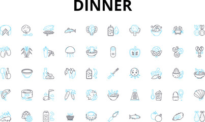 Dinner linear icons set. Feast, Plate, Meal, Dine, Cuisine, Supper, Eat vector symbols and line concept signs. Food,Gourmet,Entree illustration Generative AI