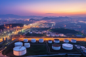An aerial view at twilight showcases an oil refinery, complete with an oil storage tank, and a petrochemical plant in the industrial background. A price graph adds to the industrial aesthetic. - obrazy, fototapety, plakaty