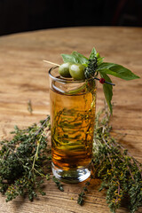 Alcohol cocktail on the bar. bartender prepares an alcoholic cocktail . delicious drink
