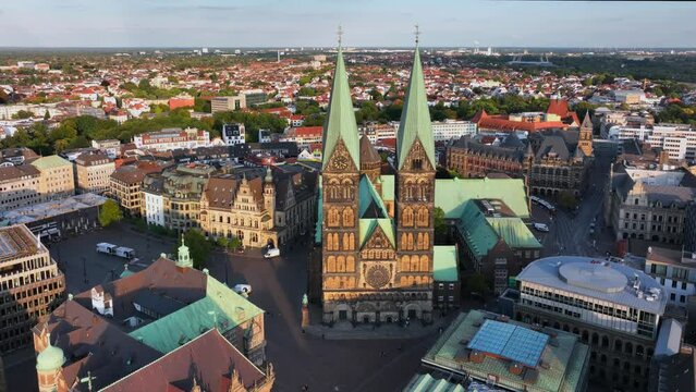 Bremen, Germany. Aerial View on Historical Center of Bremen, Marktplatz at Sunrise.