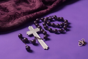 Ash Wednesday, Religion, Concept, Violet fabric background, Rosary, Penitence, Reflection, Christianity, Catholicism, Prayer, Penance, Forgiveness, Repentance, Lent, Faith, Spirituality, Belief, Churc