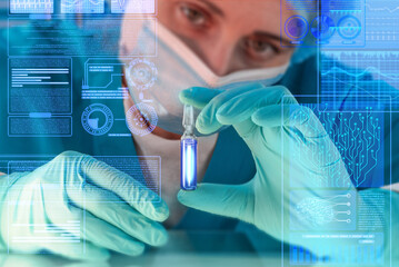 Futuristic Holographic Interface, showing medical Data in augmented reality. Paramedic's hand...
