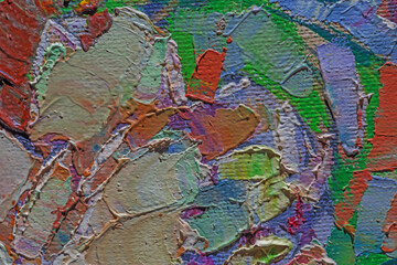 Abstract background closeup of a painting with brushstrokes. Rough art paint smear. Large multicolor spots of brush strokes and palette knife on the canvas