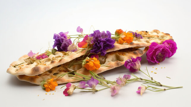 Jewish flatbread with flowers on white background, generative ai