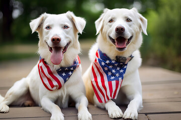 Cute doggies wear festive clothes in american flag colors. Independence Day or flag day. Generative AI illustration