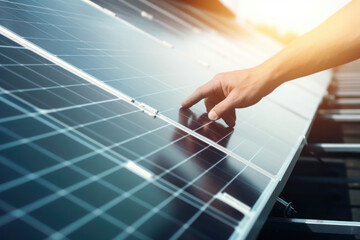 The image of a male worker's hands in gloves installing solar panels on a roof illustrates the use of alternative energy sources and promotes the ecological concept of harnessing the power of the sun 