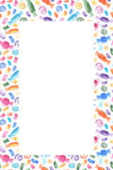 Hand drawn watercolor colorful frame with candies,confetti,stars,serpantine.Empty blank copy space birthday, halloween celebration party background,copy space