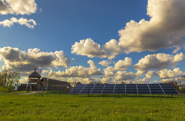 solar panels near medieval reconstruction in pruszcz gdanski 
