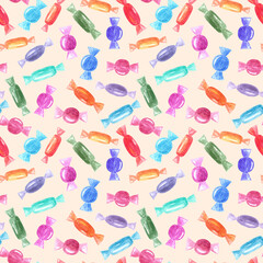 Hand drawn watercolor seamless pattern  with many colorful different shaped caramel sweet candies.Halloween, birthday party celebration background on beige.