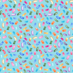 Hand painted watercolor seamless pattern with multicolored festival colorful confetti.Halloween,christmas, birthday party background on blue