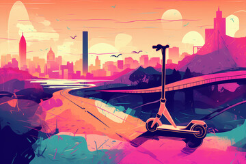 electric scooter illustration on a beautiful city landscape view, neon colors, generative ai illustration, ecology theme sustainability concept