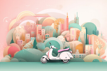 electric scooter illustration on a beautiful city landscape view, pastel  colors, ecology sustainability theme cocnept, generative ai illustration