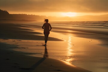 Fototapeta premium Running by the Beach: A woman running along the beach during sunrise or sunshine. Generative Ai.