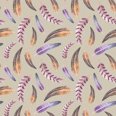 Watercolor hand drawn painted seamless endless pattern with lots of disordered different bird feathers and quills with spots, dots on beige background.Ornament for print
