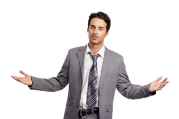 Confident, open arms and portrait of business man on isolated, png and transparent background. Corporate, professional and male entrepreneur with confidence, pride and gesture for decision or choice