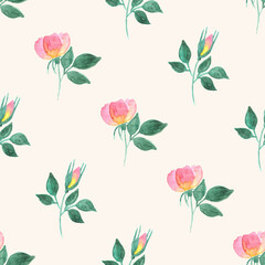 Hand painted pink yellow gradient colored roses with green leaves as summer spring seamless pattern on beige background for print cards, invitations, scrapbooking and wrapper.