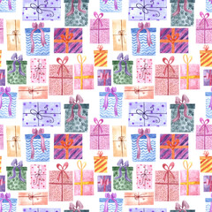 Hand drawn watercolor seamless pattern with group of gift boxes in different wrapping papers and bows on white backdrop.Birthday christmas x-mas background