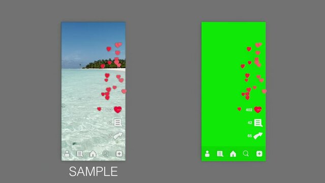 Vertical social media template with flying heart likes on green screen – animated counter overlay