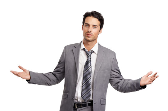 Confident, open arms and portrait of business man on isolated, png and transparent background. Corporate, professional and male entrepreneur with confidence, pride and gesture for decision or choice