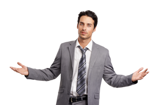 Confident, open arms and portrait of business man on isolated, png and transparent background. Corporate, professional and male entrepreneur with confidence, pride and gesture for decision or choice