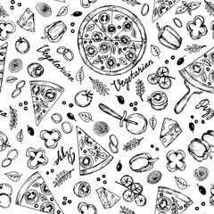 Seamless pattern of hand drawn line art black vegetarian pizza ingredients: bell pepper, tomatoes, cheese, onion, olive, basil.Pizza wheel and slices of fast food on white background