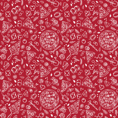 Seamless pattern of hand drawn line art white vegetarian pizza ingredients: bell pepper, tomatoes, cheese, onion, olive, basil.Pizza wheel and slices of fast food on red background