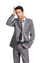 Businessman, stress and headache or pain of a model on a transparent, png background. A...