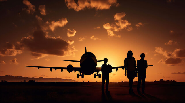 Silhouette of young family and airplane, generative ai