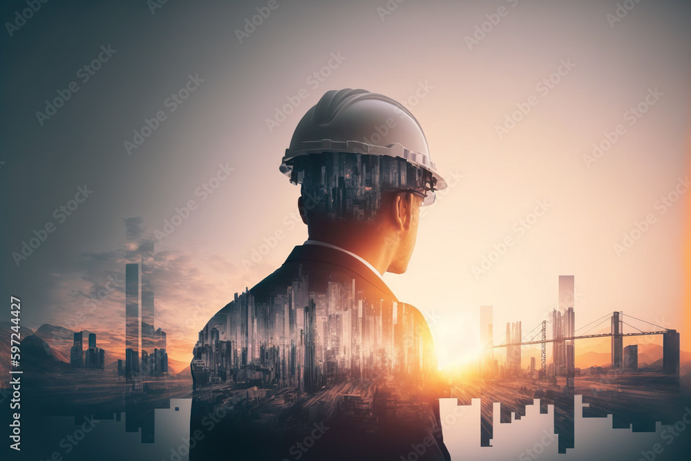 Poster civil engineer portrait as concept for building construct by professional with hardhat helmet engine