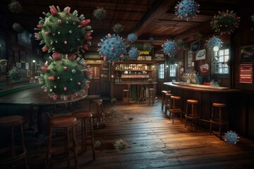 COVID-19 viruses destroy taverns, reflecting the negative impact of the pandemic on businesses. 3D illustration. Generative AI
