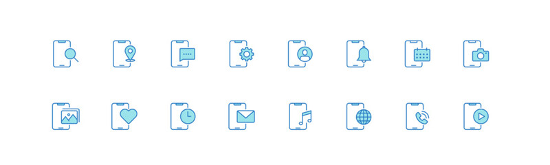 Mobile phone vector icon set with different functions in outline style. 