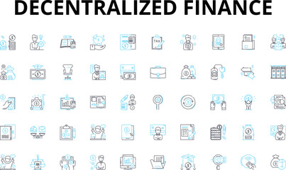 Fototapeta na wymiar Decentralized finance linear icons set. DeFi, Decentralized, Blockchain, Crypto, Smart contracts, Tokenization, Liquidity vector symbols and line concept signs. Yield,Transparency,Governance