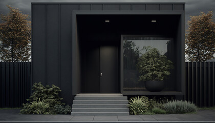 Front view modern black house exterior, entrance, one floors, Generative AI