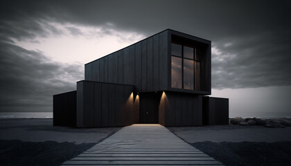 Big black house concept, dark exterior on the ocean, Generative AI
