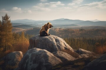 A bear sitting on a boulder and gazing at the landscape. Generative AI