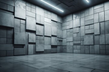 Futuristic concrete wall with polished tiles and 3D rectangles. Rendered. Generative AI