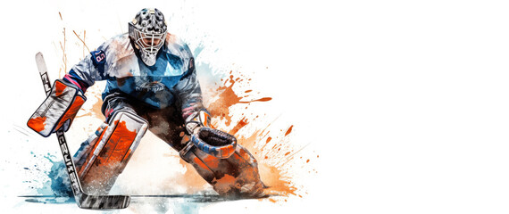 Illustration of a professional ice hockey player goalkeeper in action on white background and space for text, Generative AI